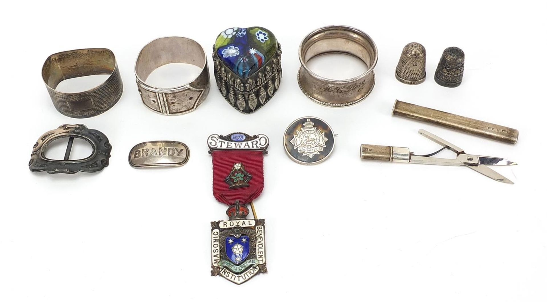 Georgian and later silver objects including R.A.O.B enamel Steward medal, napkin rings, tortoise