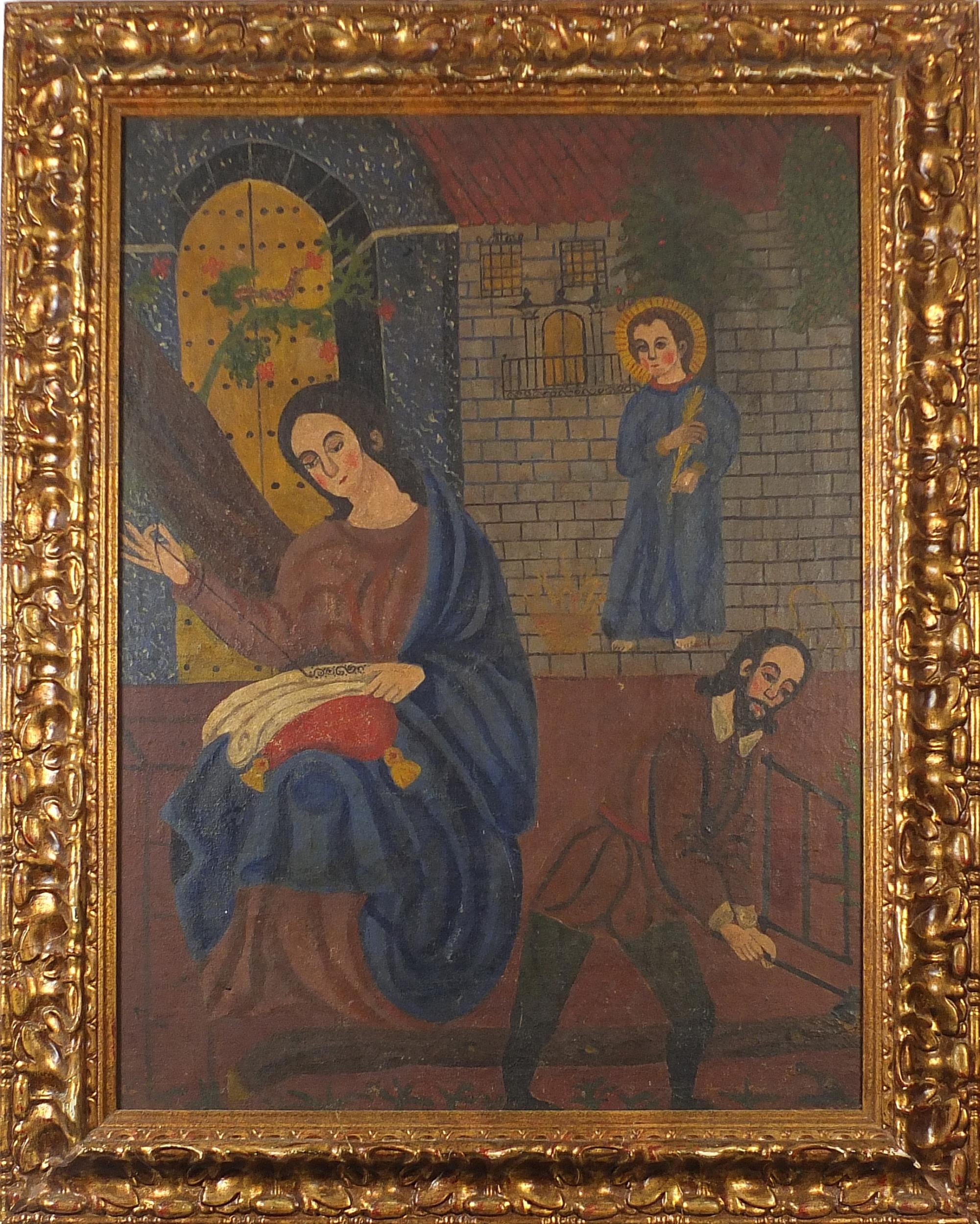 Two angels and a figure sewing before a church, Cusco school oil on canvas, mounted and framed, 84cm - Image 2 of 3