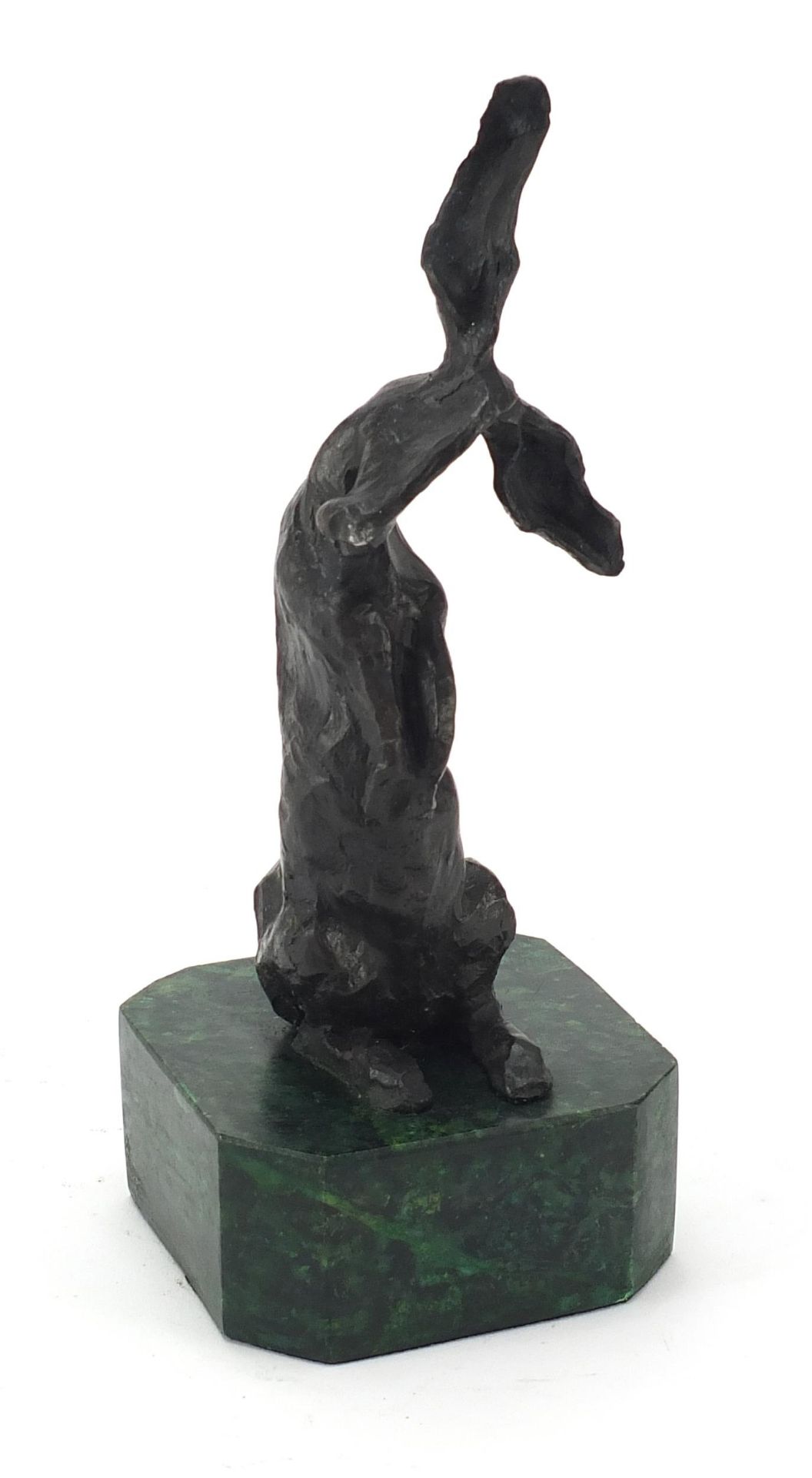 Mid century design patinated bronze sculpture of a seated rabbit raised on a green marbleised - Image 5 of 5