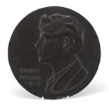 Circular bronze plaque with bust of Rupert Brooke dated 1913, 21.5cm in diameter