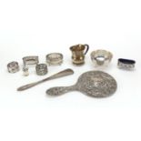 Silver items, white metal bowl and a filigree metal napkin ring including christening tankard, salts
