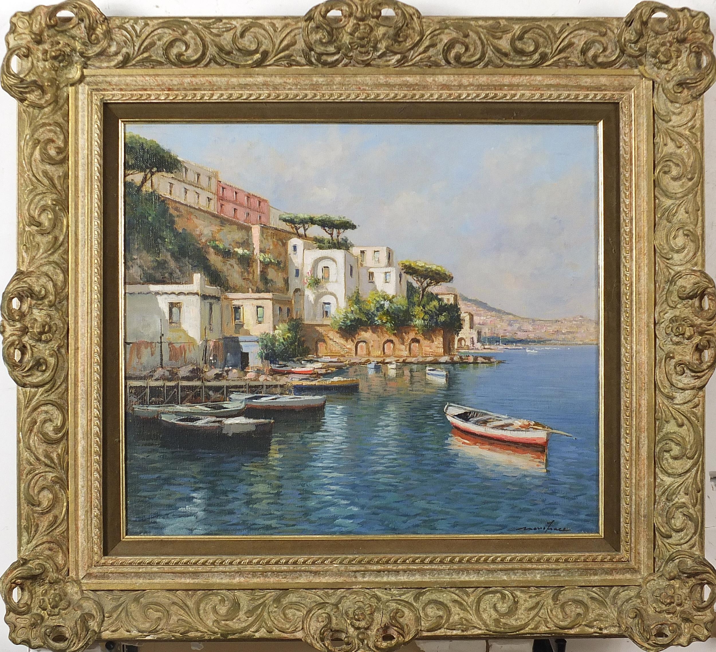 Mario Irace - Moored boats beside villas, Italian oil on canvas, with booklet, mounted and framed, - Image 2 of 6