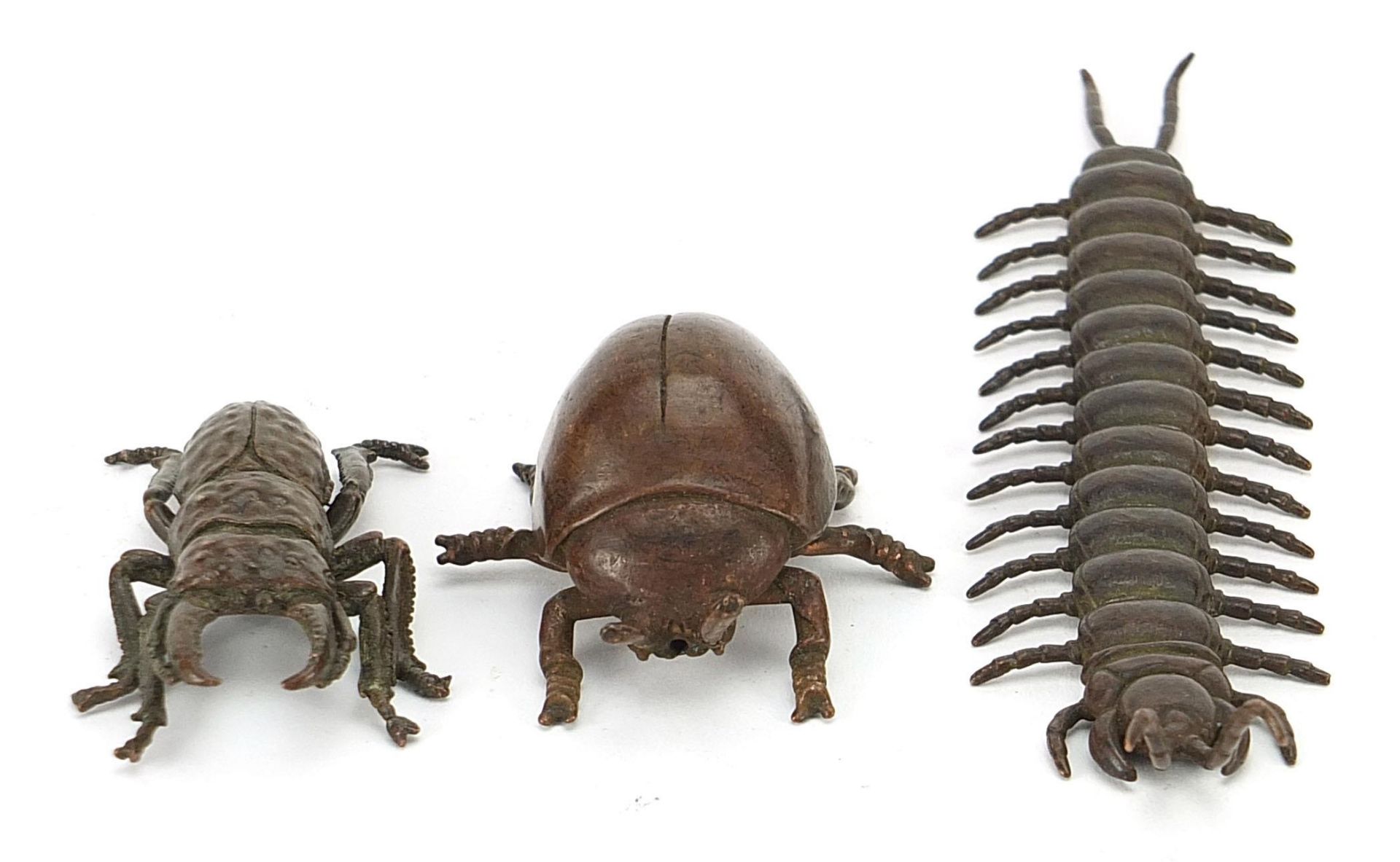 Three Japanese patinated bronze insects comprising centipede with articulated body and two - Image 2 of 9