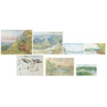 Landscapes and surreal composition, seven mixed medias including one with label verso, High Range,