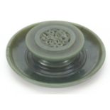 Chinese carved green jade incense stand, 11.5cm in diameter