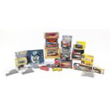 Group of diecast collectable vehicles including Corgi, Vanguards, Goldfinger Aston Martin DB5 and