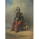 E W James 1869 - French soldier at Treport, 19th century military interest oil, inscribed verso,