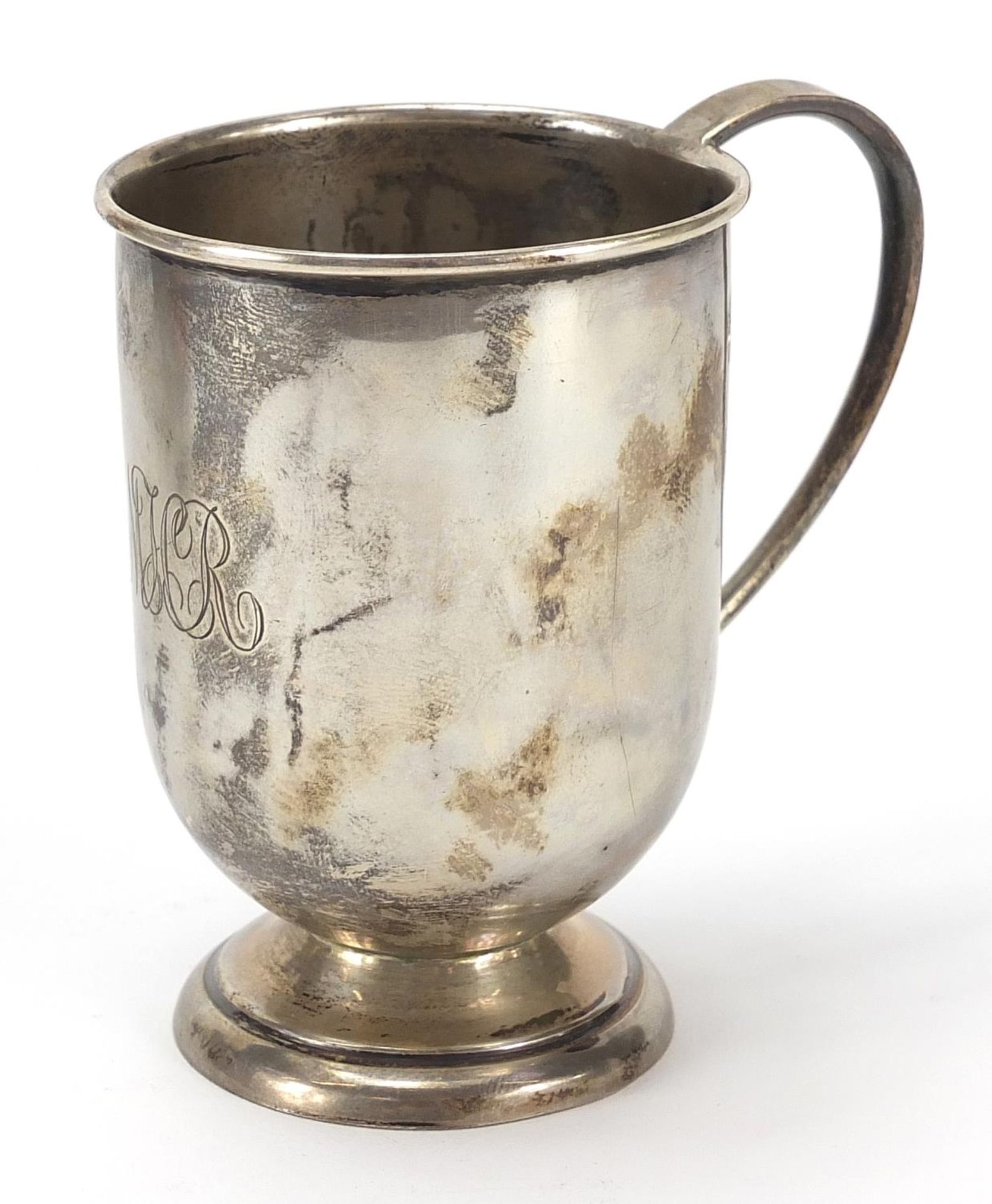 Francis Howard cut glass bottle and two glasses with silver collar and a silver cup, the cup 8.5cm - Image 3 of 6