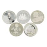 Five crown sized silver coins from various countries to include The Maldives, Hungary, Gambia and