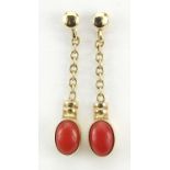 Pair of 9ct gold cabochon coral drop earrings, 2.2cm high, 1.2g