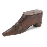 Large early 19th century treen snuff box with stud work in the form a shoe, 14cm in length