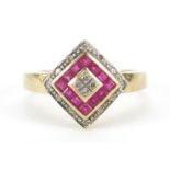 Art Deco design 9ct gold diamond and ruby ring, size N, 2.2g