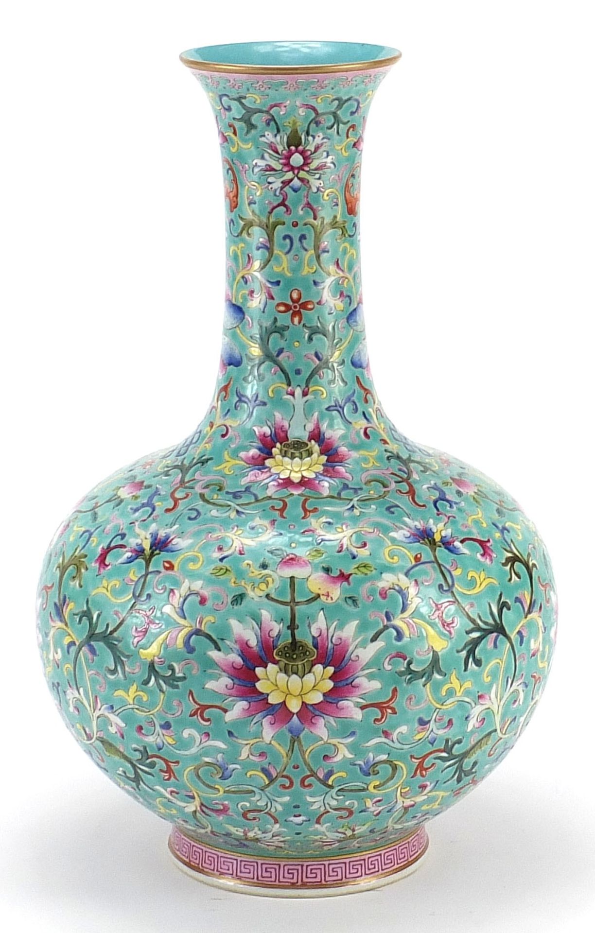 Large Chinese porcelain turquoise ground vase, finely hand painted in the famille rose palette - Image 7 of 11