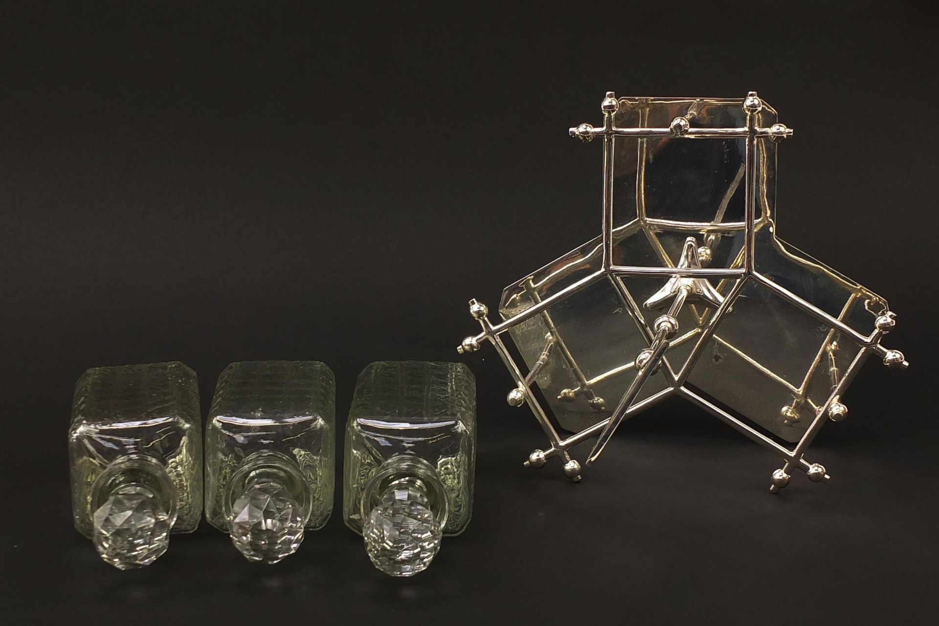 Modernist silver plated three bottle tantalus with glass decanters in the style of Christopher - Image 3 of 5