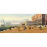 Padari - Venetian scene with actors, oil on board, Gladwell & Company label verso, mounted and