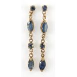 Pair of 9ct gold blue sapphire drop earrings, 3.5cm high, 1.4g