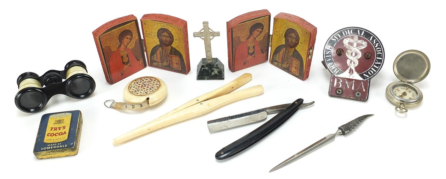 Sundry items to include cut throat razor, measuring tape, opera glasses and glove stretchers