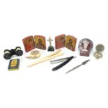Sundry items to include cut throat razor, measuring tape, opera glasses and glove stretchers