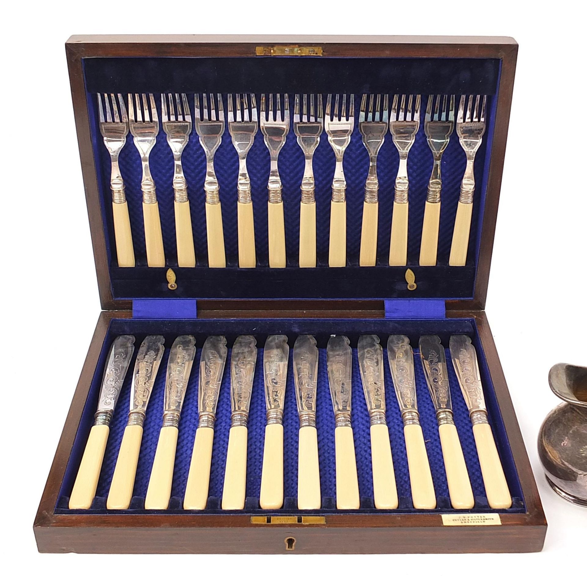 J H Potter, canteen of twelve fish knives and forks and a Victorian silver plated three piece tea - Image 2 of 7