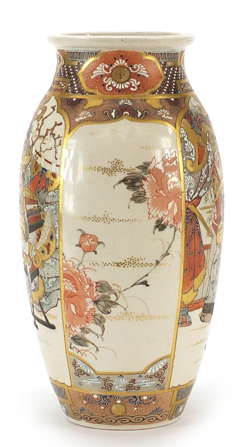 Japanese Satsuma pottery vase hand painted with figures and flowers, 29.5cm high - Image 6 of 9