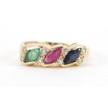 18ct gold ring, housed in a Russian jeweller's box and set with colourful stones including sapphire,