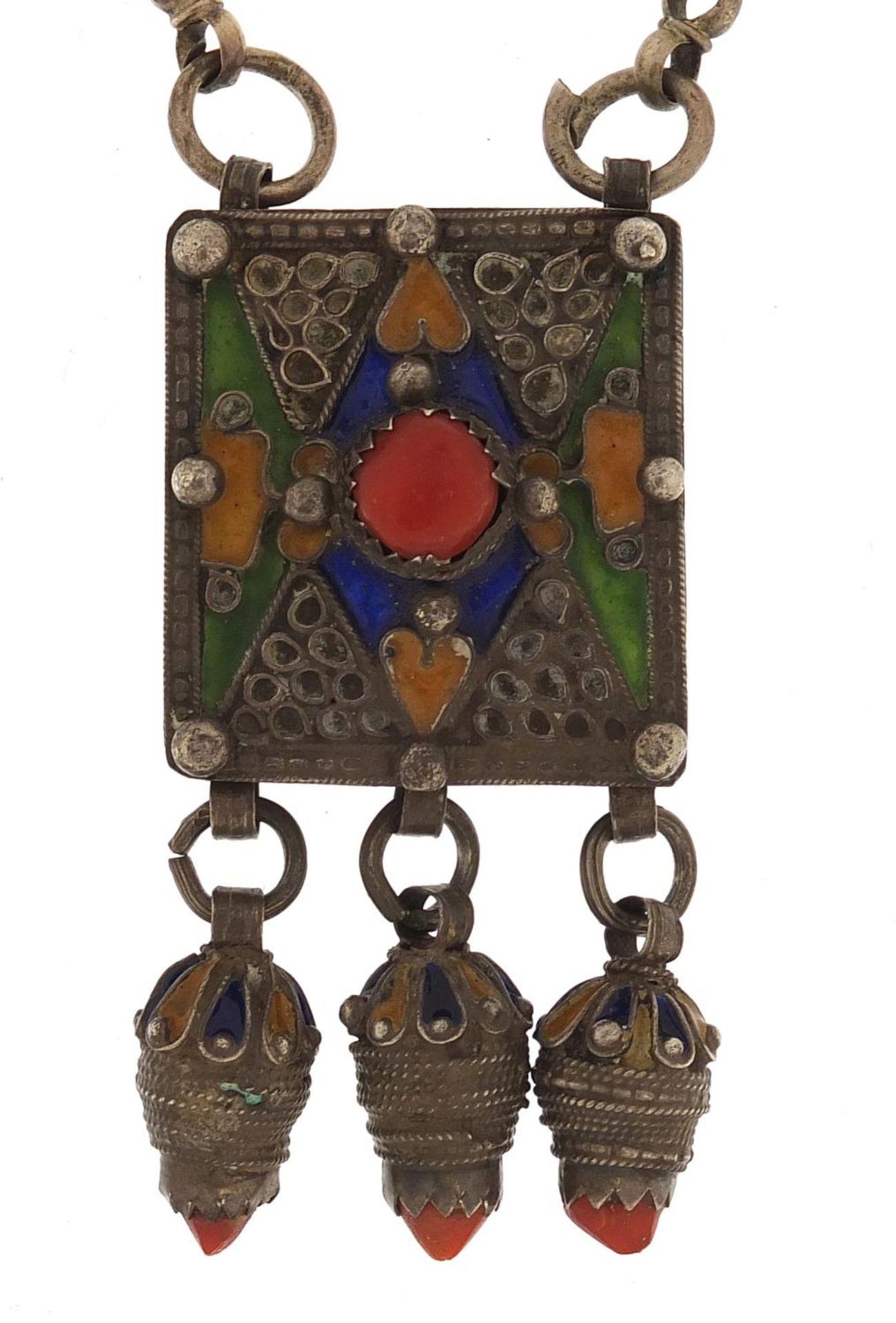 Middle Eastern unmarked silver and enamel necklace, 56cm in length, 89.0g