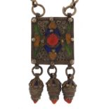 Middle Eastern unmarked silver and enamel necklace, 56cm in length, 89.0g