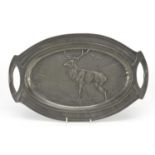 Bingit Zinn, German Art Nouveau pewter tray decorated in relief with a stag and birds in a