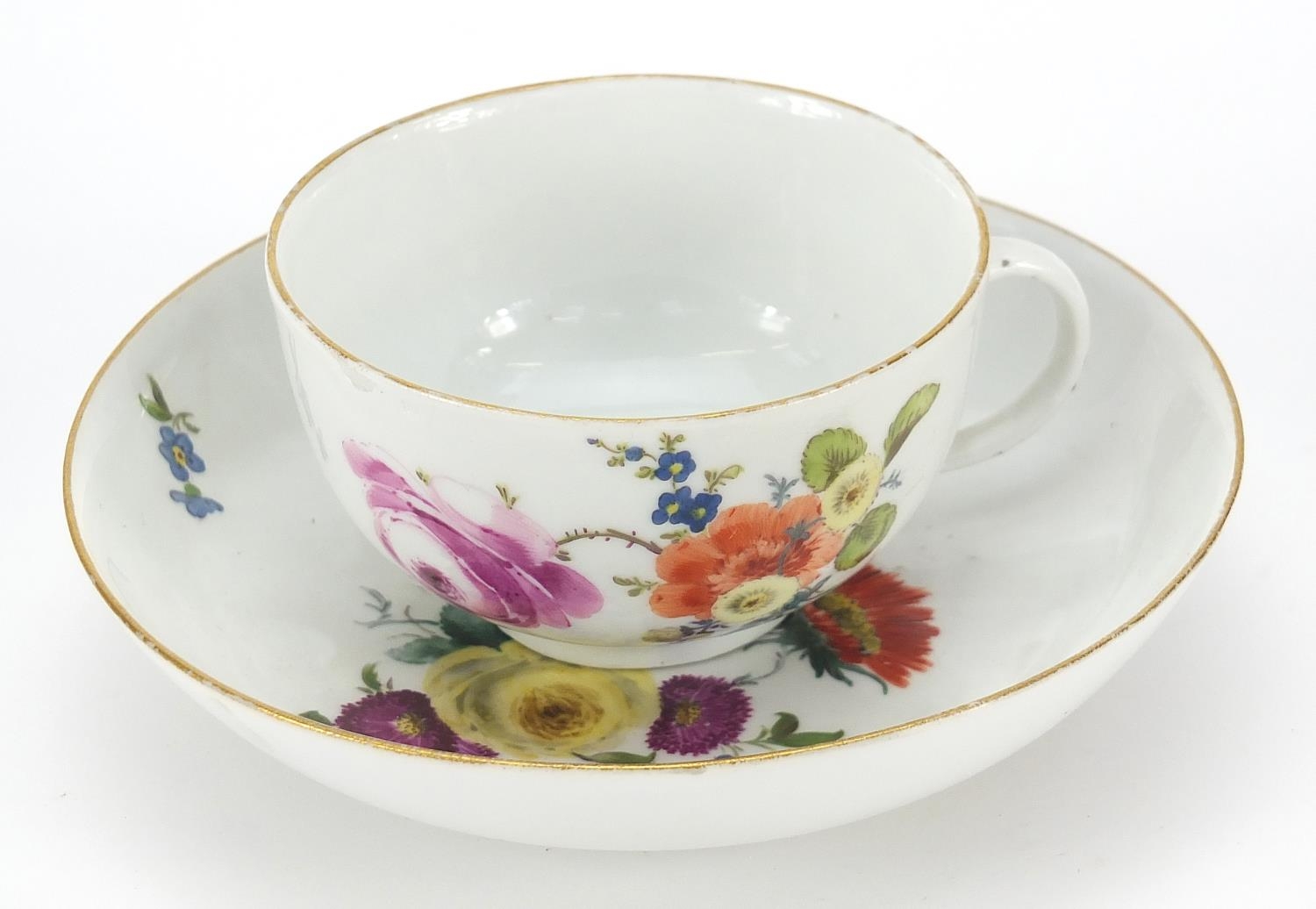 Meissen, 19th century porcelain cup and saucer hand painted with flowers, the saucer 13.5cm in - Image 2 of 6