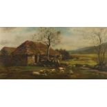 Sheep before a cottage and landscape, oil on canvas, mounted and framed, 59.5cm x 29.5cm excluding