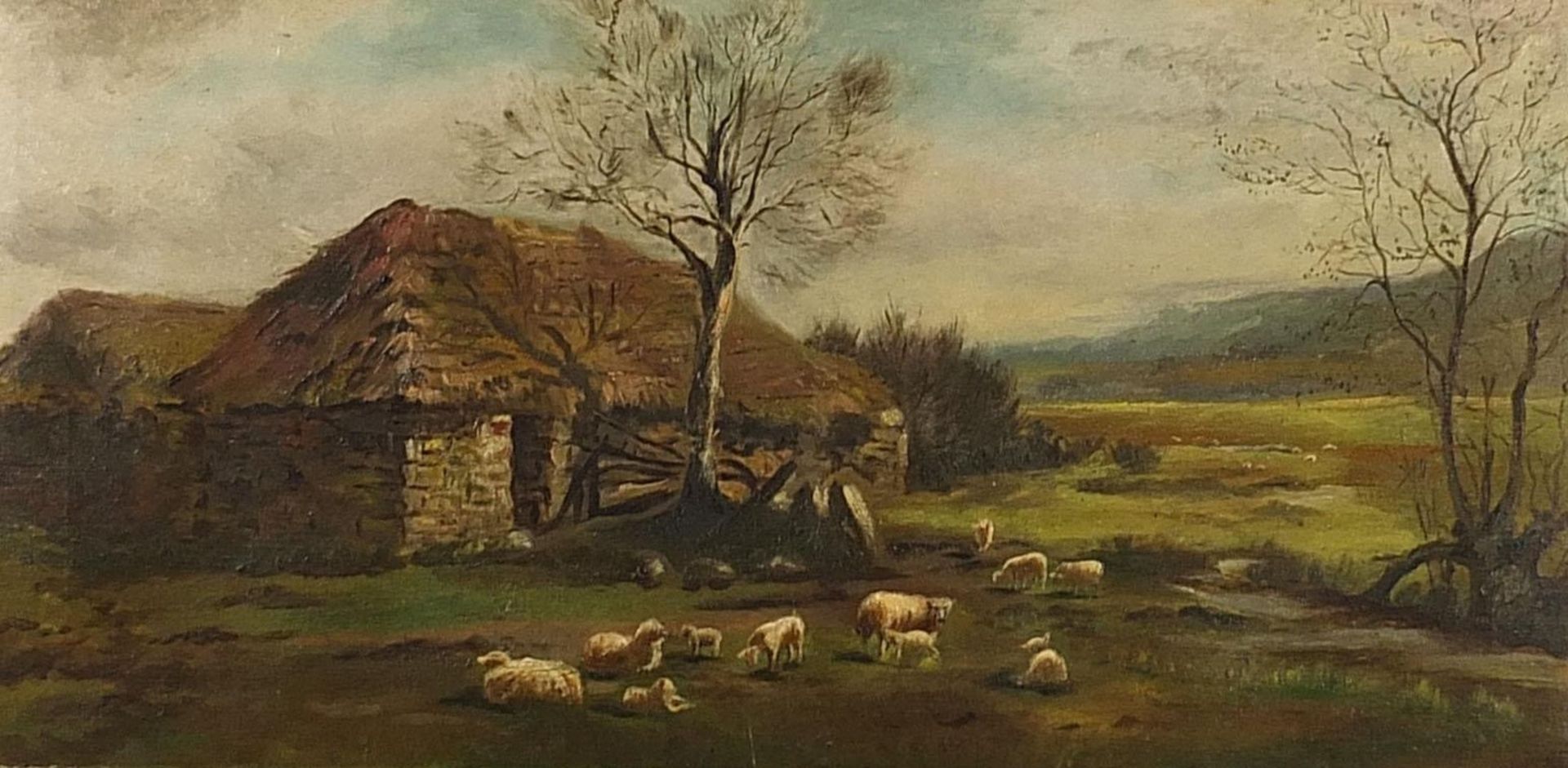 Sheep before a cottage and landscape, oil on canvas, mounted and framed, 59.5cm x 29.5cm excluding