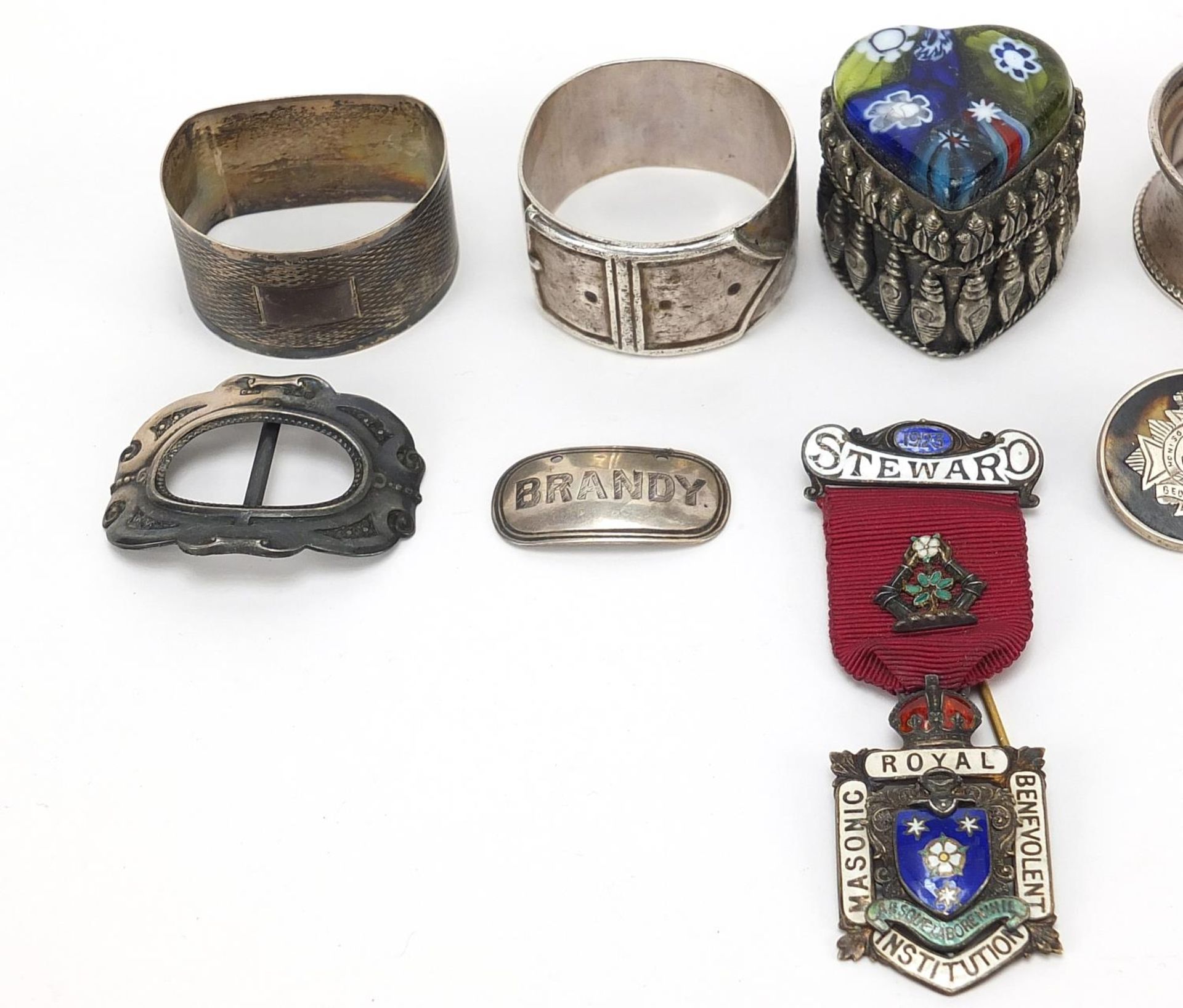Georgian and later silver objects including R.A.O.B enamel Steward medal, napkin rings, tortoise - Image 2 of 5