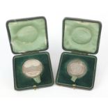 Two Victorian silver plated exhibition medals awaded to James Hill housed in fitted silk lined