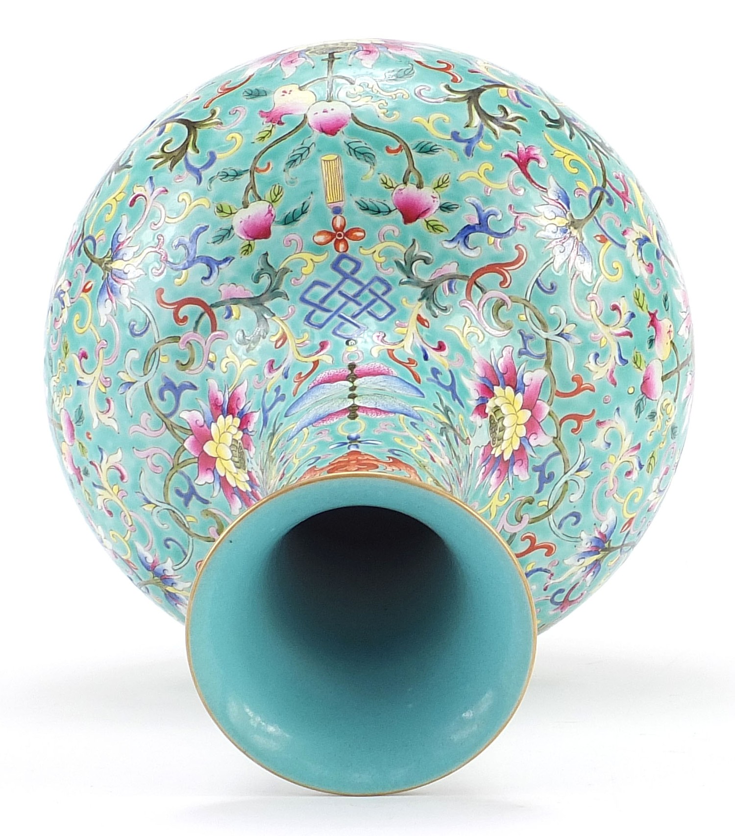 Large Chinese porcelain turquoise ground vase, finely hand painted in the famille rose palette - Image 8 of 11