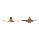 Two 9ct gold military interest Ubique brooches including one enamel, the largest 5cm wide, total 5.