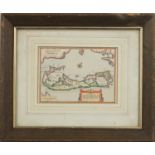 Hand coloured map of Bermuda, mounted, framed and glazed, 15cm x 11cm excluding the mount and frame