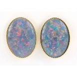 Pair of gilt metal opal doublet earrings, 1.8cm high, 4.5g