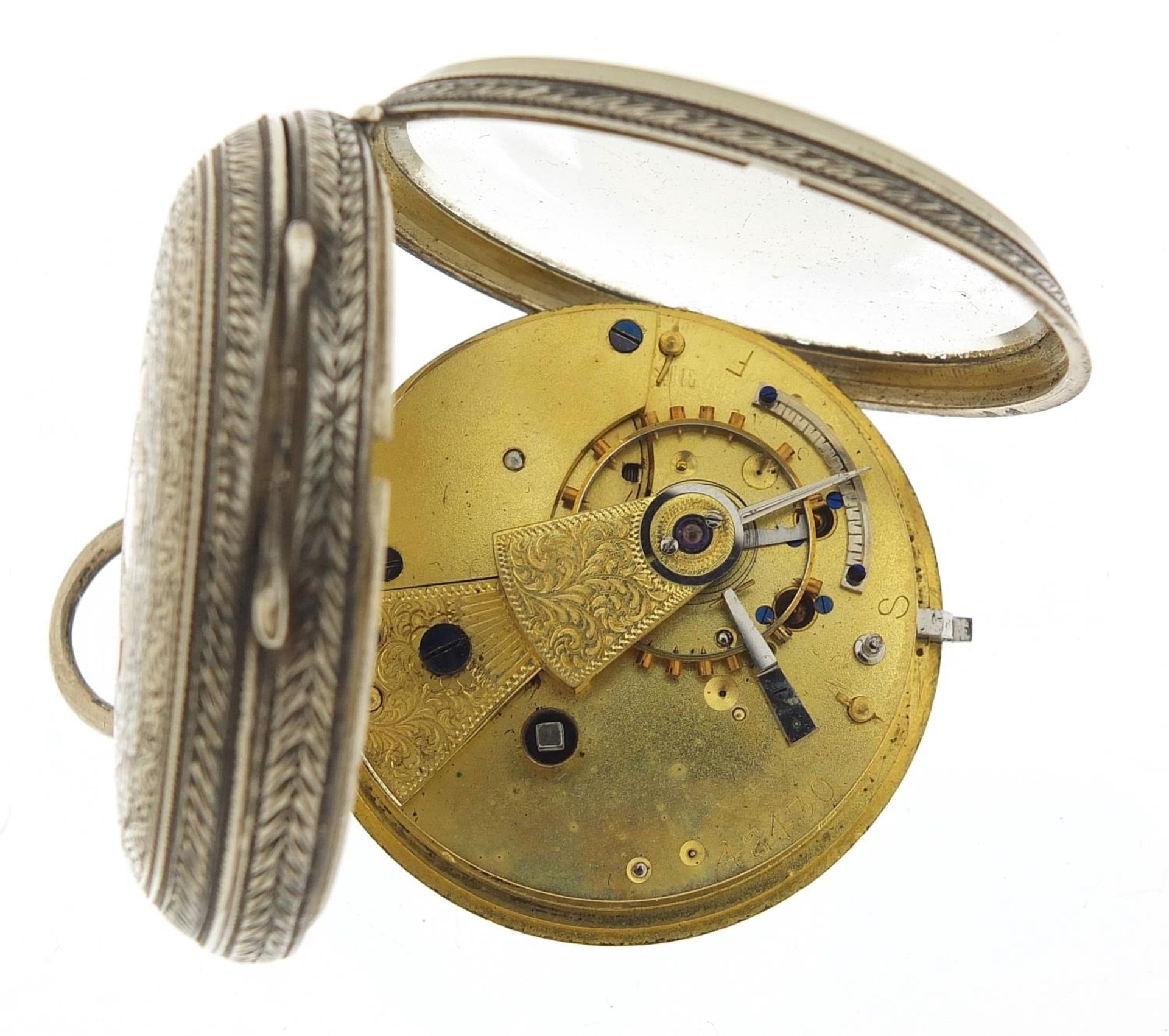 Victorian gentlemen's silver open face pocket watch with ornate silvered dial, the fusee movement - Image 4 of 8