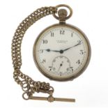 J W Benson, gentlemen's silver open face pocket watch on a white metal watch chain with T bar, the