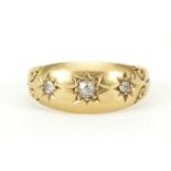 Edwardian 18ct gold diamond three stone Gypsy ring housed in a Brabbington's box, Birmingham 1905,