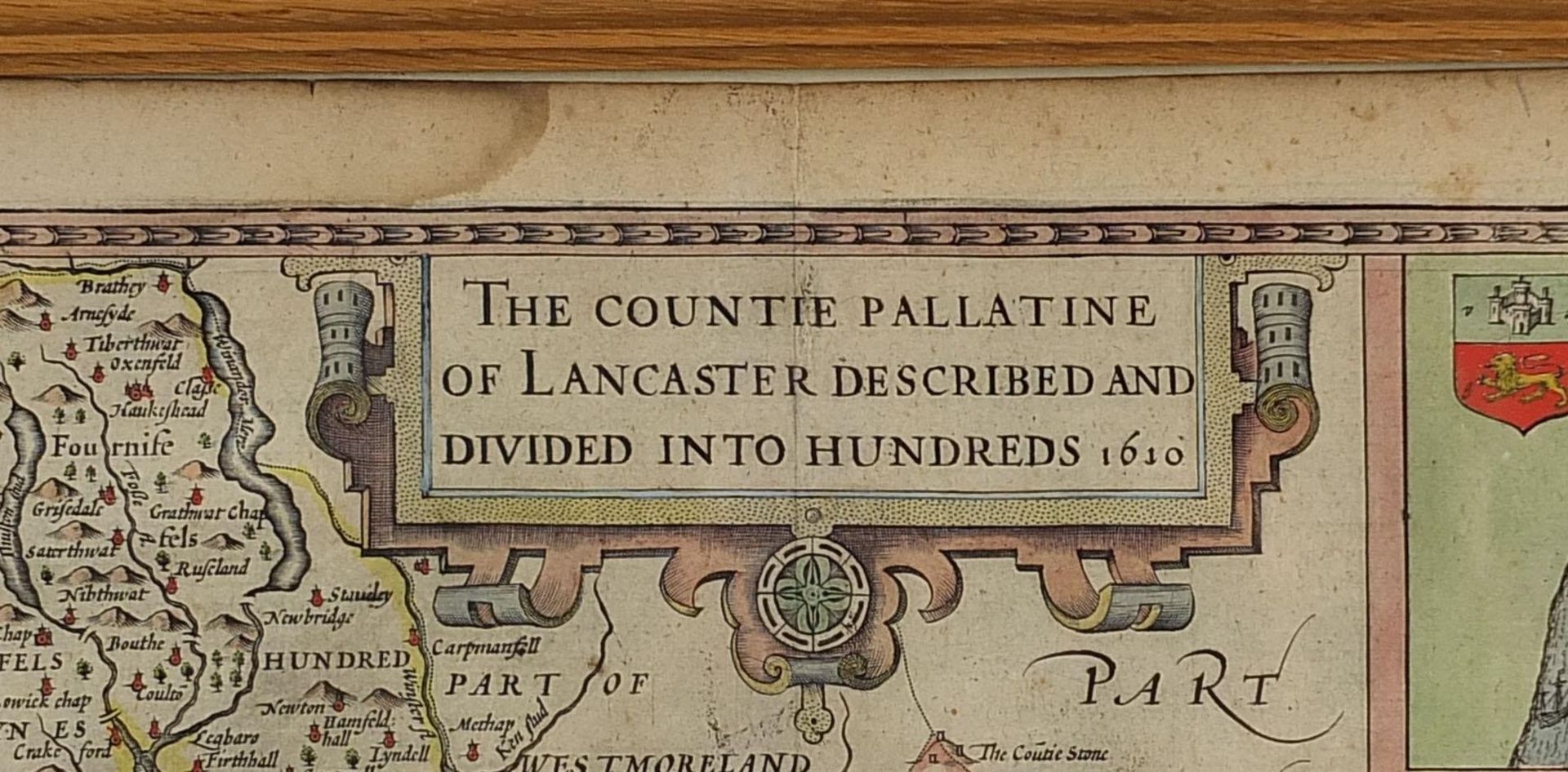 John Speed, Antique hand coloured map of Lancaster, framed and glazed, 55cm x 42cm excluding the - Bild 3 aus 5