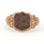 9ct rose gold shield shaped signet ring with scroll shoulders, Chester 1925, size Q, 5.2g