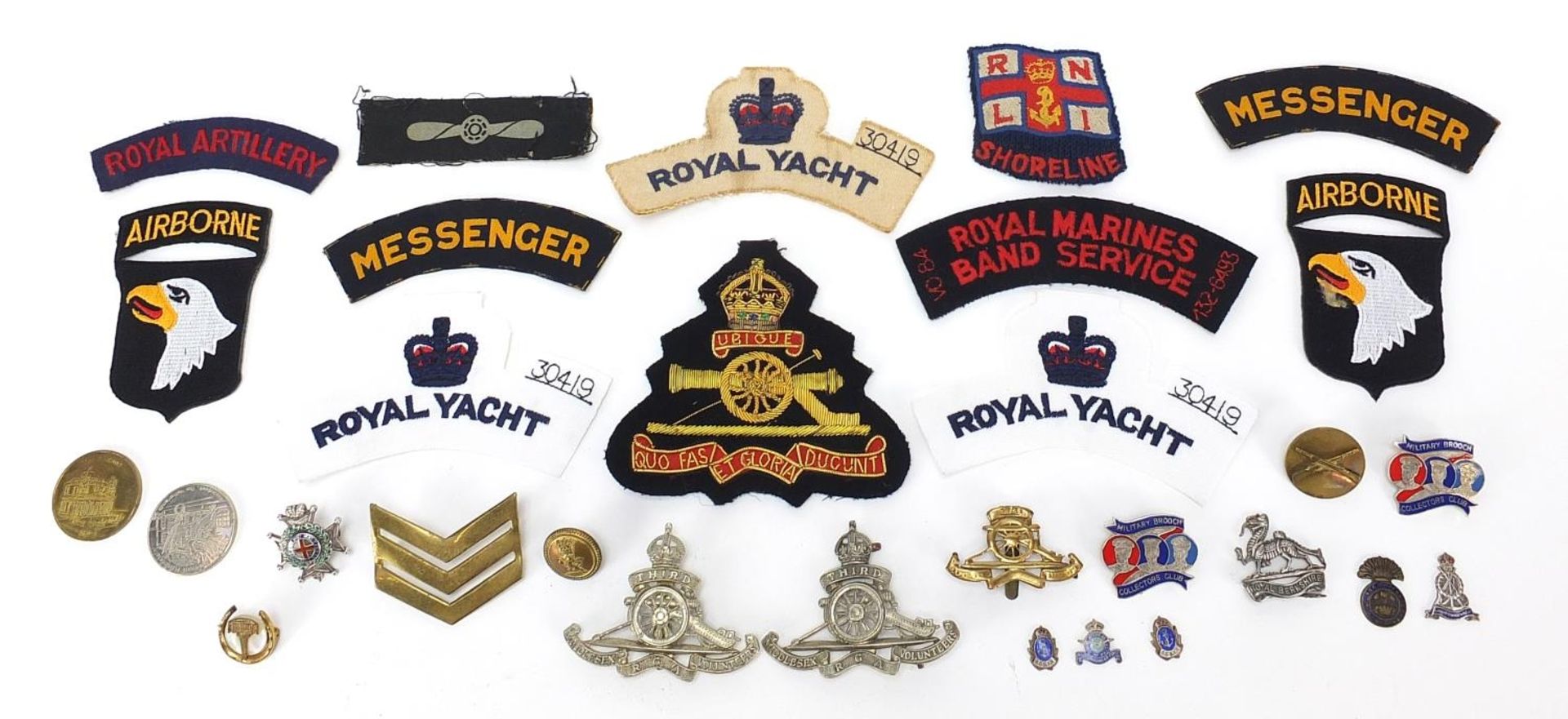 British military interest cloth patches and badges, some silver and enamel including Royal Artillery