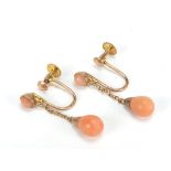 Pair of 9ct gold coral drop earrings, 2.5cm high, 1.7g