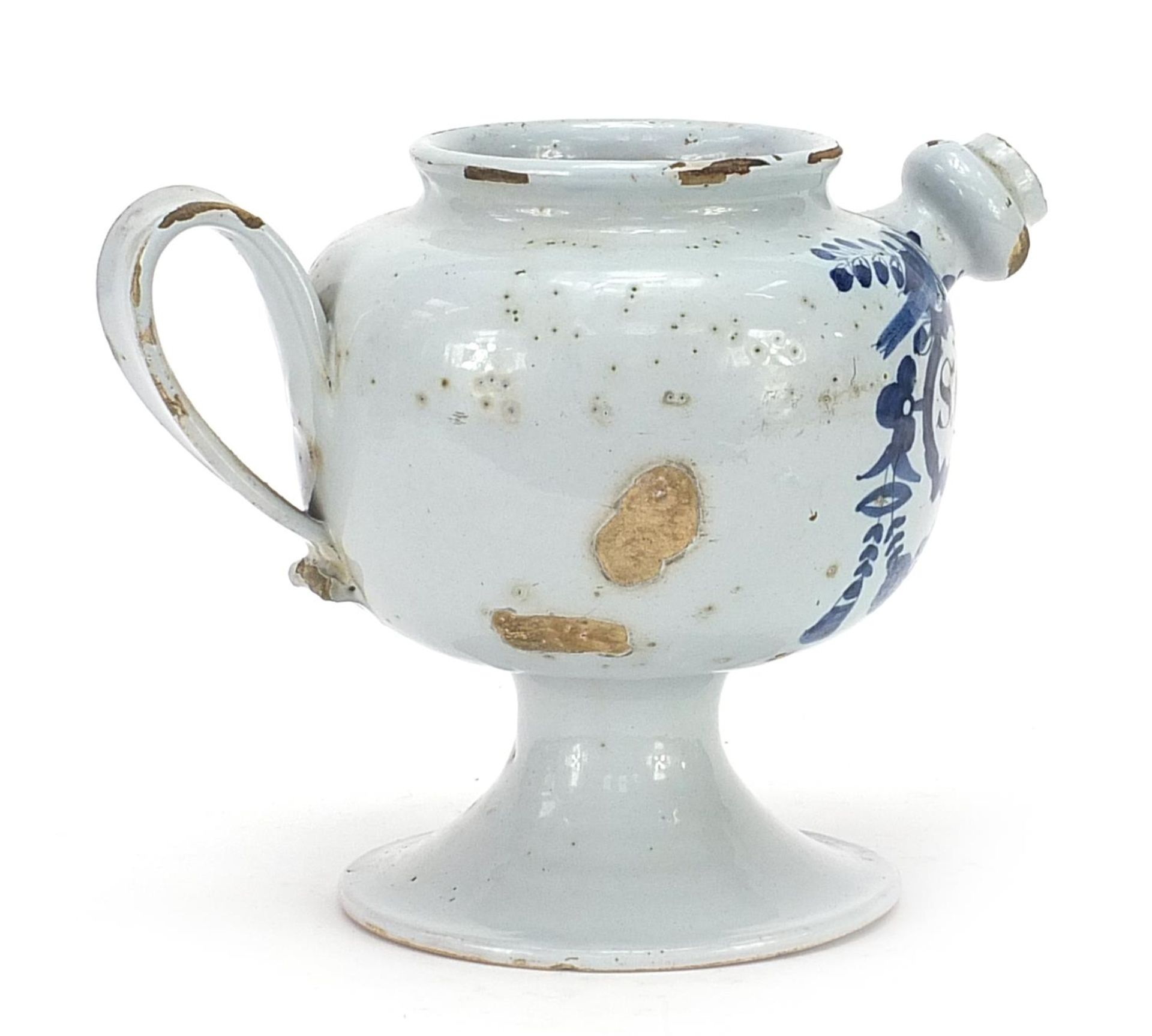 18th century Delft blue and white tin glazed drug jar with handle and spout, 18cm high - Image 2 of 4