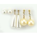 Three pairs of simulated pearl earrings including two pairs of 9ct gold, the largest 3cm high, total