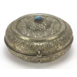 Indian white metal bun shaped pot with lid, 15cm in diameter