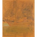 Leonard Baskin - Sailing boat, mixed media, mounted, framed and glazed, 54.5cm x 47.5cm excluding