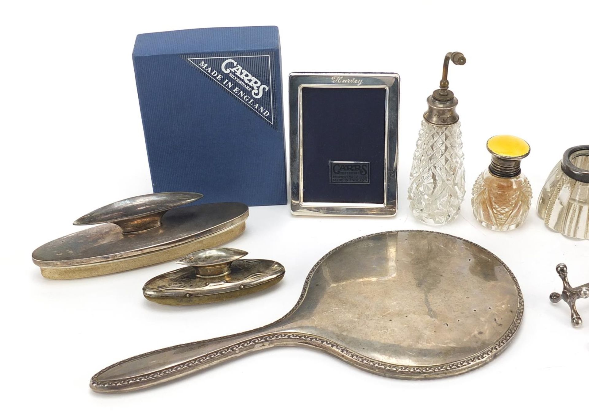 Edwardian and later silver objects including silver mounted glass ink wells, Carrs easel photo - Image 2 of 5