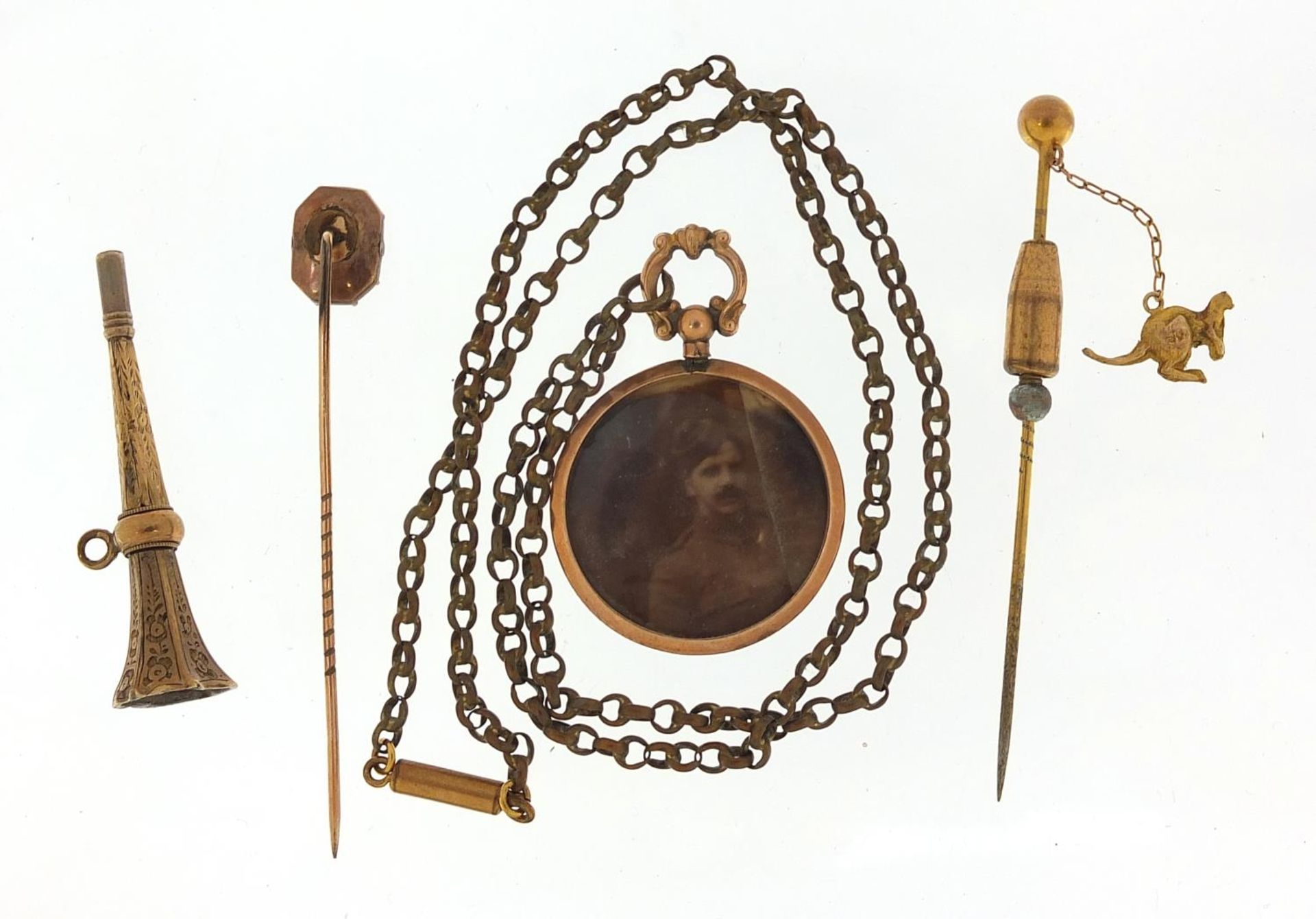 Antique and later jewellery including an intaglio seal stick pin, 9ct gold open locket and - Image 4 of 4